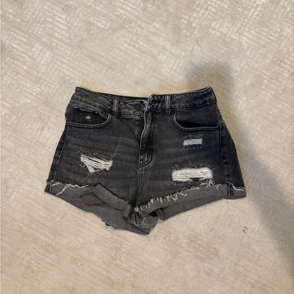 Distressed Black Denim Shorts